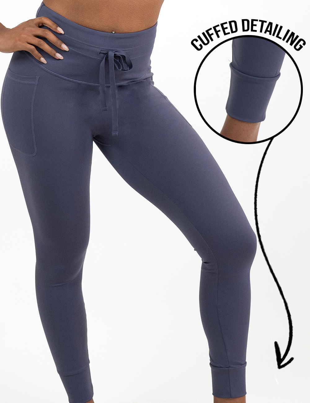 twilight purple omni drawstring leggings facing the front with a highlight on the cuffed detailing