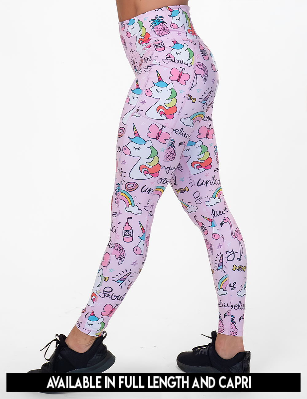 available lengths for the the pink unicorn and colorful icons print leggings, lengths include full length and 