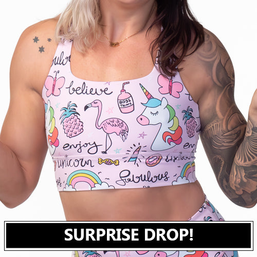 pink unicorn themed sports bra surprise drop