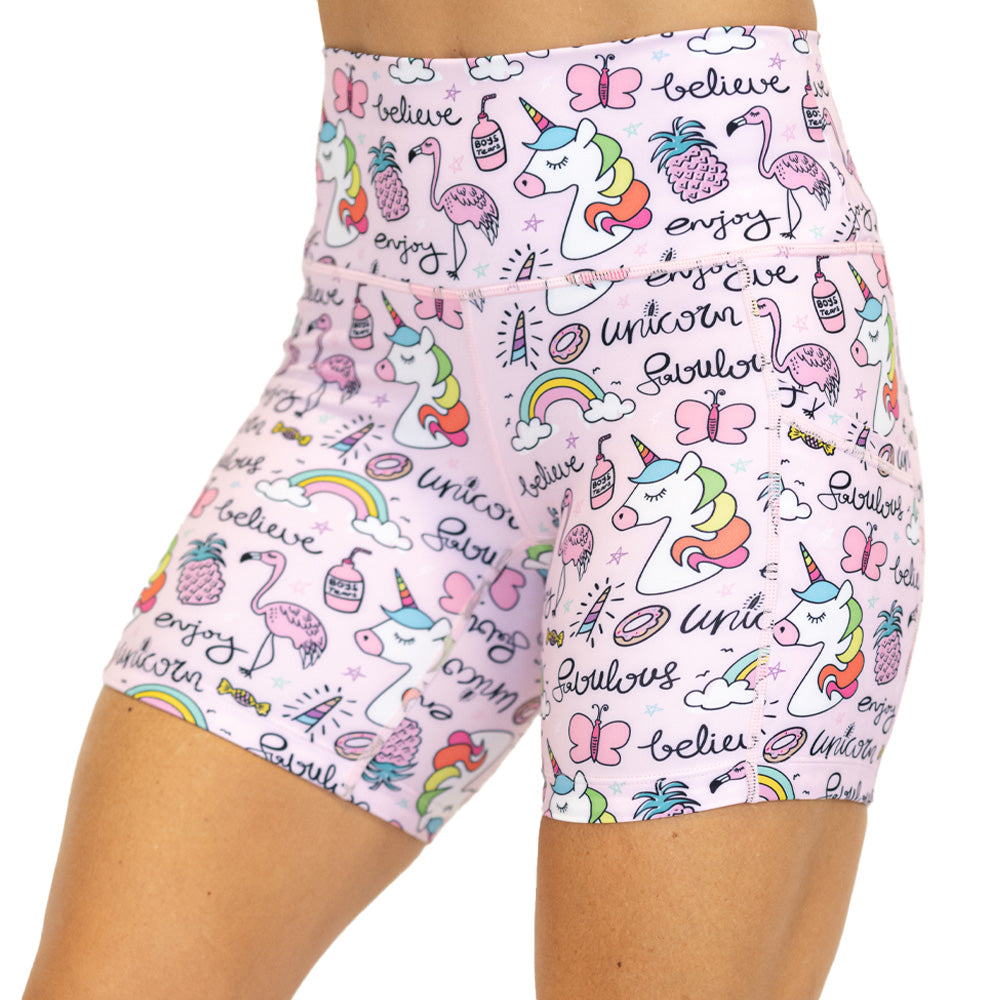 front view of rainbow unicorn 5 inch shorts