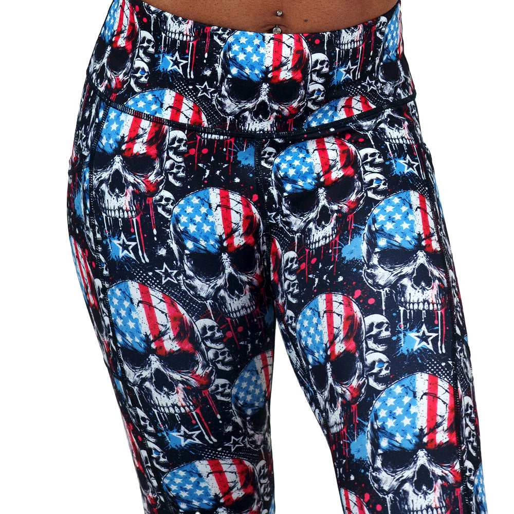 red, white and blue skull patterned leggings