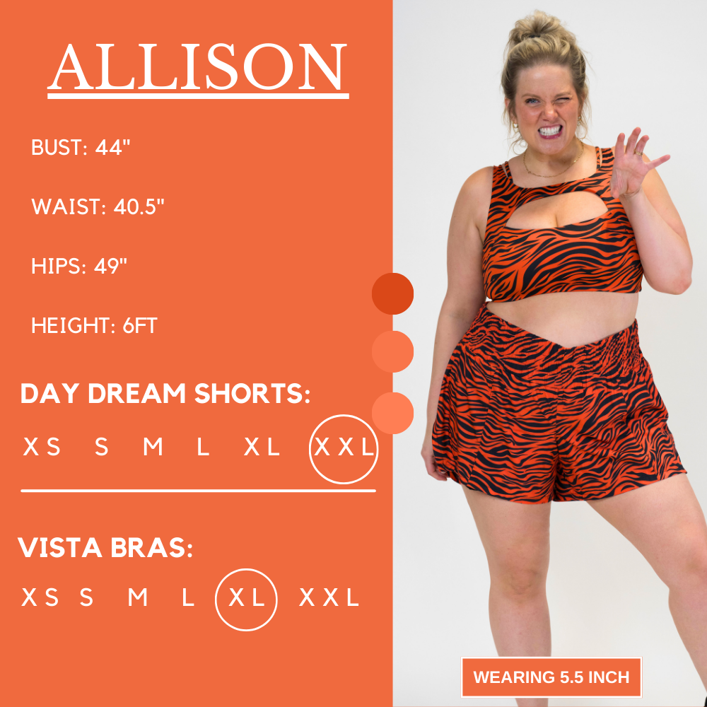 Model’s measurements of 44” bust, 40.5” waist, 49” hips and height of 6ft. She is wearing a size xxl in our day dream shorts and a size xl in our vista bra
