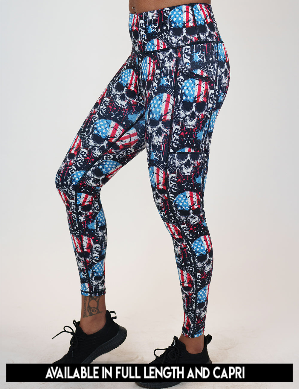 available lengths for the black leggings with american flag skulls, lengths include full length and capri