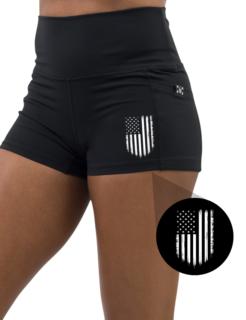 front of the usa flag 2.5 inch graphic black shorts against a white background