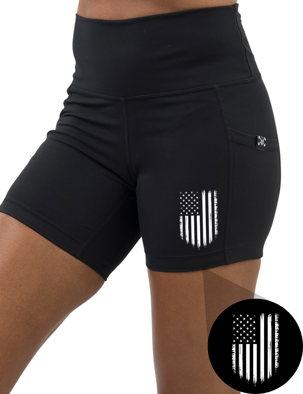 front of the usa flag graphic 5 inch black shorts against a white background