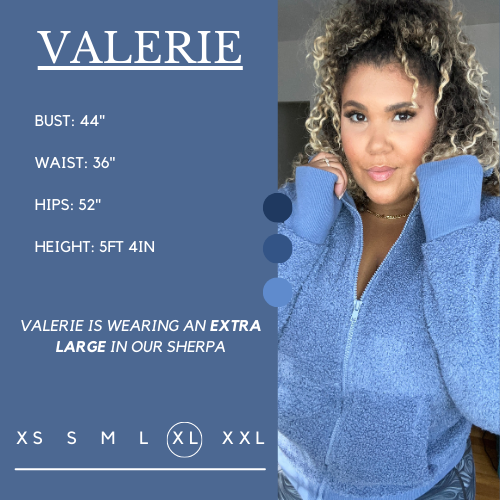 Model's measurements of 44 inch bust, 36 inch waist, 52 inch hips, and height of 5 foot 4 inches. She is wearing a size extra large in the sherpa