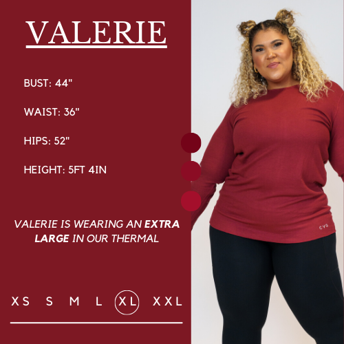 graphic showing the model's measurements - Her bust is 44 inches, waist is 36 inches, hips are 52 inches, and height is 5 feet and 4 inches. She wears an extra large in the thermal