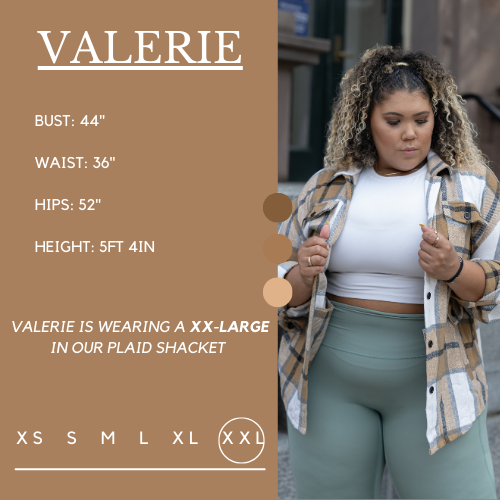 Model's measurements of 44 inch bust, 36 inch waist, 52 inch hips, and height of 5 foot 4 inches. She is wearing a size xx large in this plaid shacket