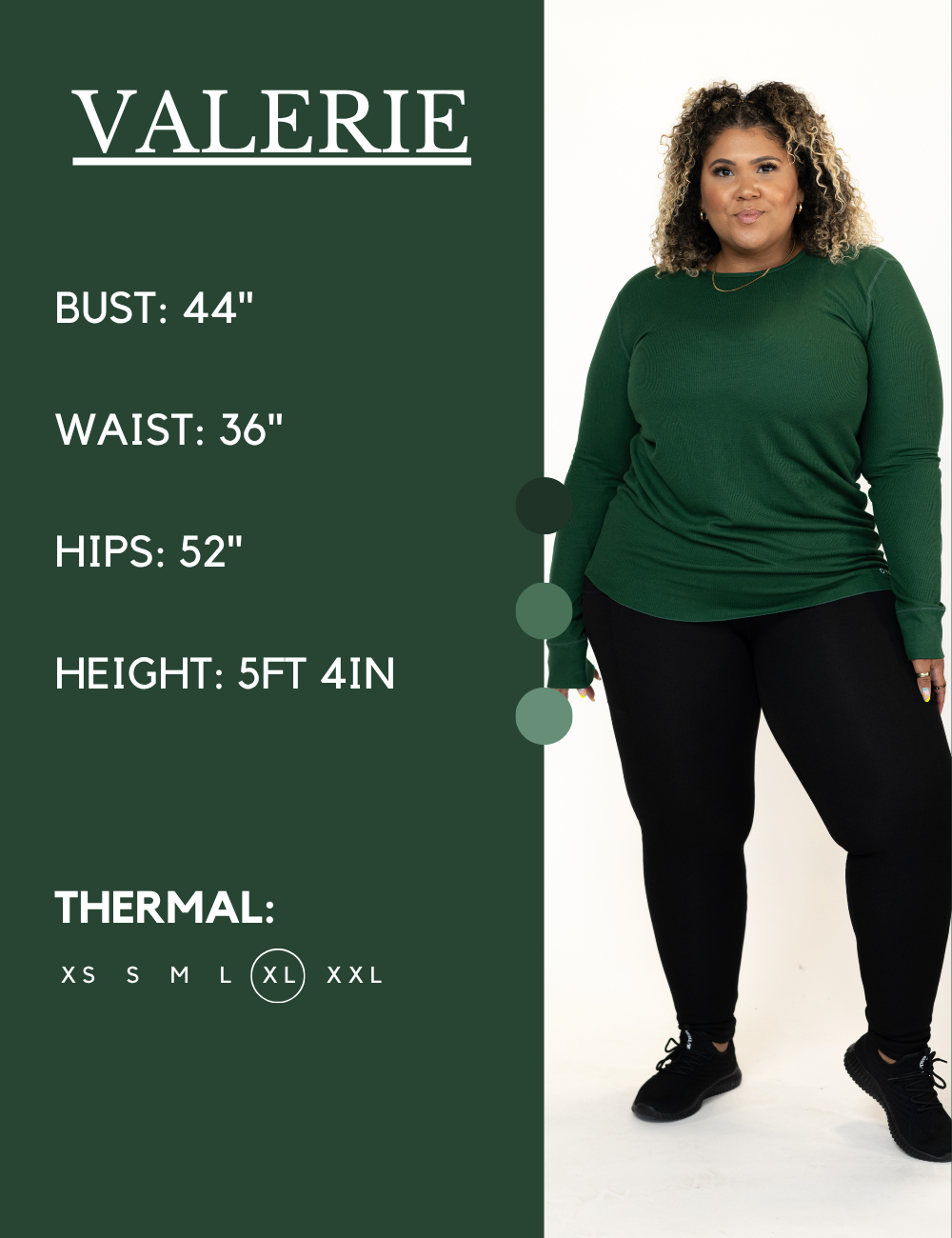 Model's measurements are shown here, Her bust is 44 inches, waist is 36 inches, hips are 52 inches, and height is 5 feet and 4 inches. She wears an extra large in the thermal
