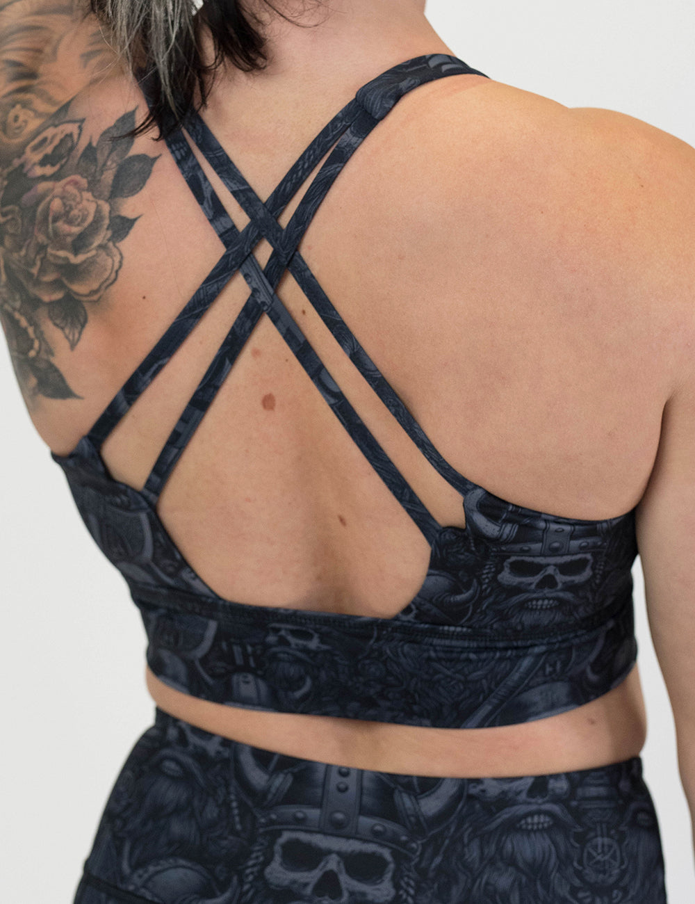 back of the viking print sports bra
