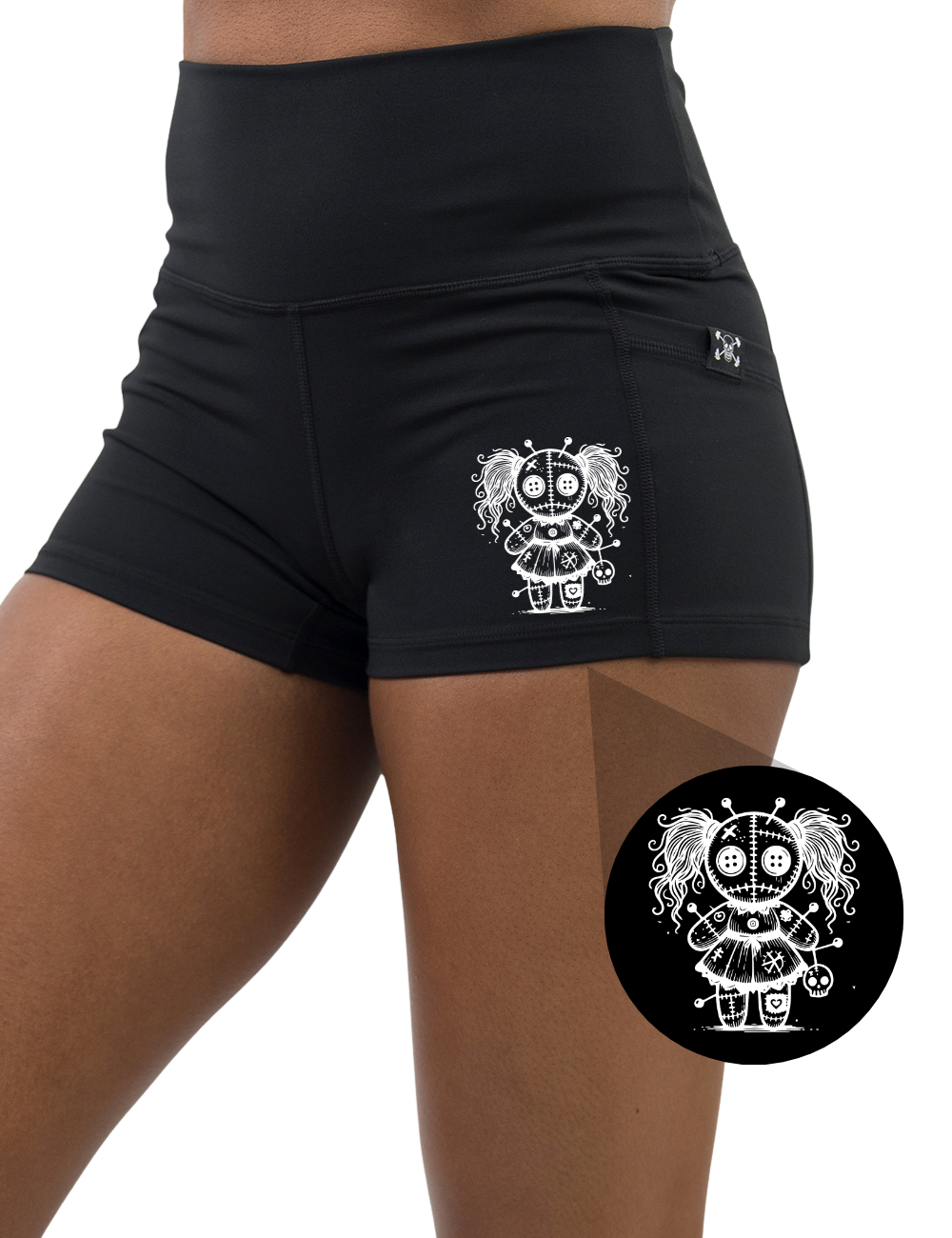 front of the 2.5 inch voodoo outline graphic black shorts against a white background