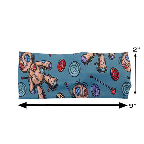 blue voodoo doll print headband measured at 2 by 9 inches