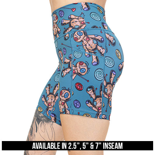 blue voodoo doll print shorts available in 2.5, 5 and 7 inch inseam