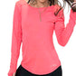 model wearing a watermelon pink long sleeve shirt