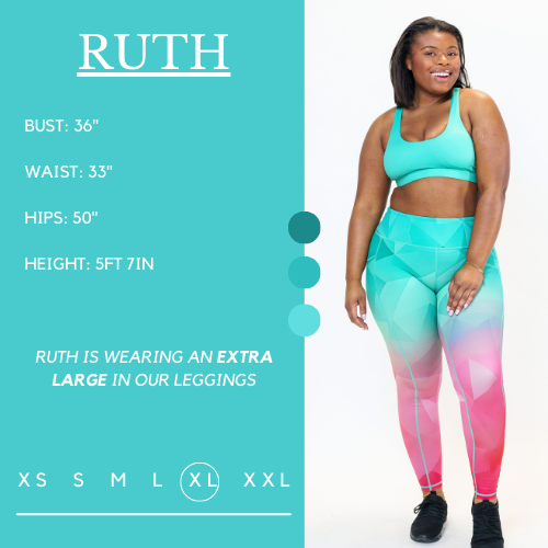 Model's measurements of 36 inch bust, 33 inch waist, 50 inch hips, and height of 5 foot 7 inches. She is wearing a size extra large in these leggings