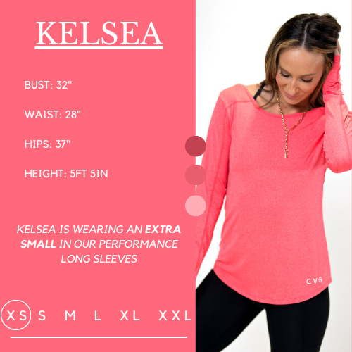 Graphic showing the measurements of a model and what size she wears for the shirt. Her bust is 32 inches, waist is 28 inches, hips are 37 inches, and height is 5 foot and 5 inches. She wears an extra small in the performance long sleeve shirt