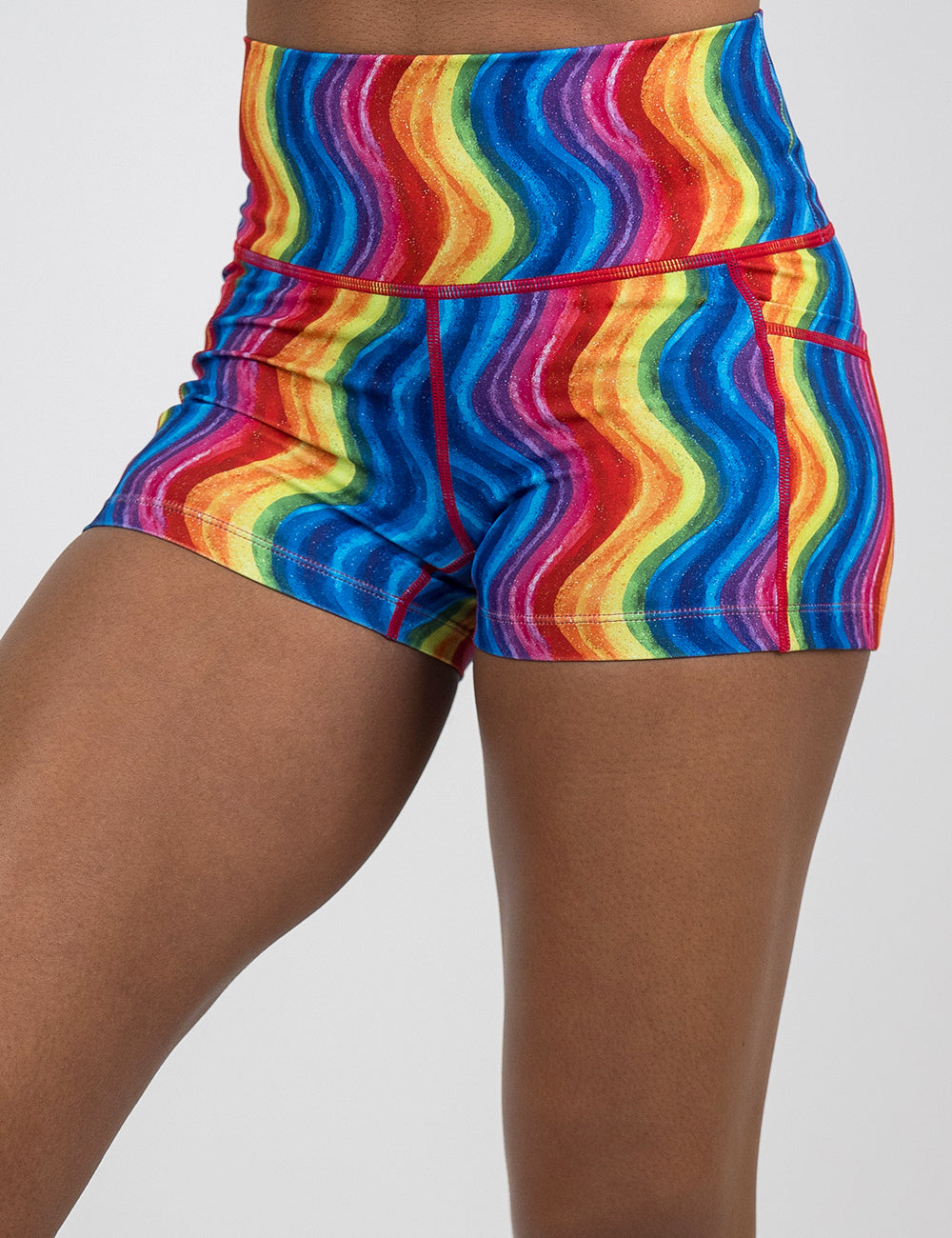 front of the 2.5 inch rainbow waves shorts against a white background