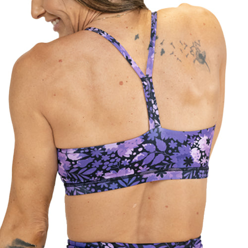 back of purple floral bra
