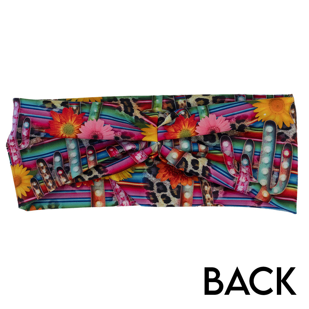 back of the colorful cactus and flower print headband