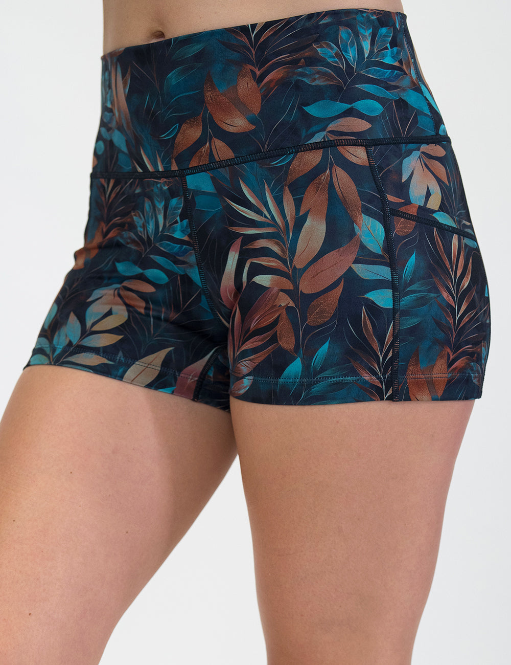 2.5 inch Colorful leaf-patterned shorts against a white background