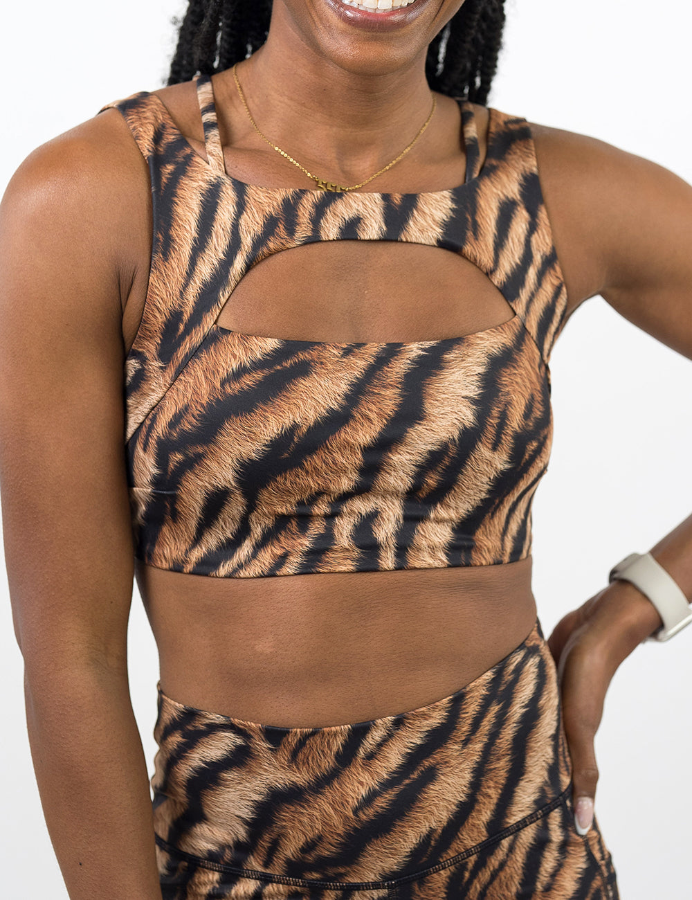 front of the tiger print vista bra against a white background