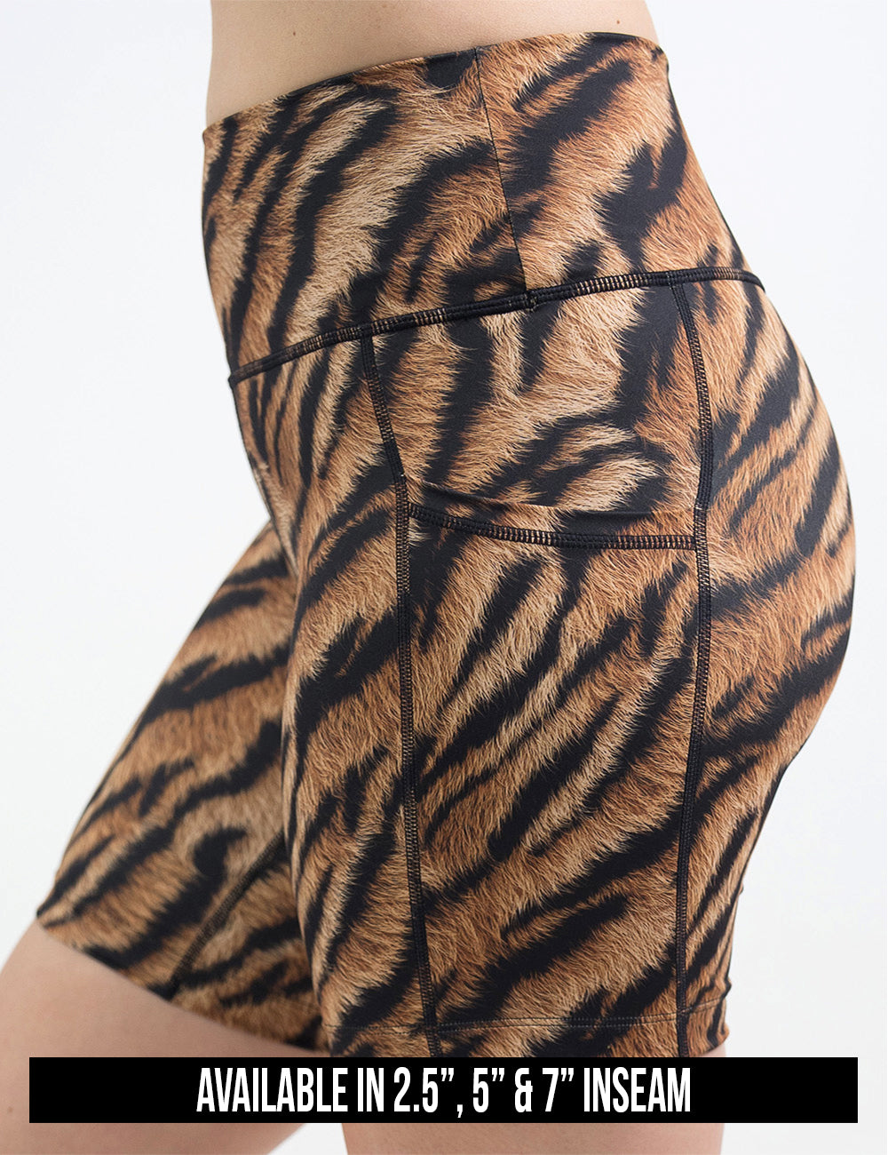 available lengths for the tiger print shorts, inseam lengths include 2.5, 5, and 7 inches