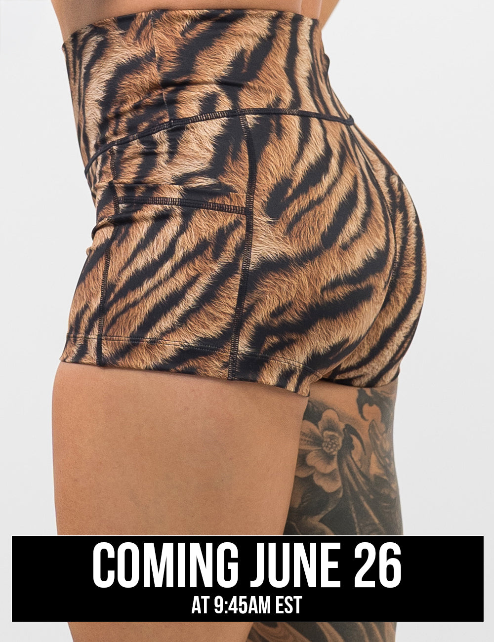 back of the tiger print 2.5 inch shorts against a white background, coming june 26th