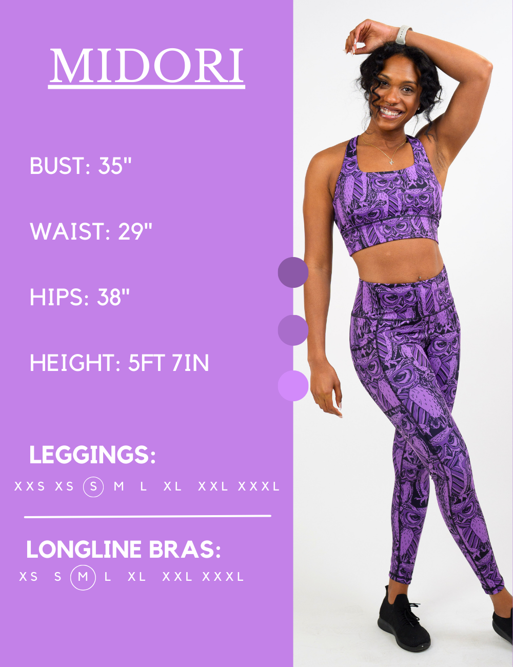Model’s measurements of 35” bust, 29” waist, 38” hips and height of 5 ft 7 inches. She is wearing a size small in our leggings