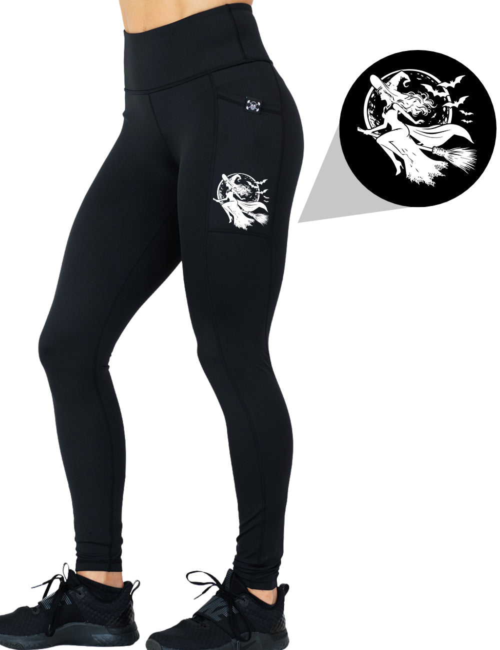 front of the white outlined witch riding a broom graphic full length leggings