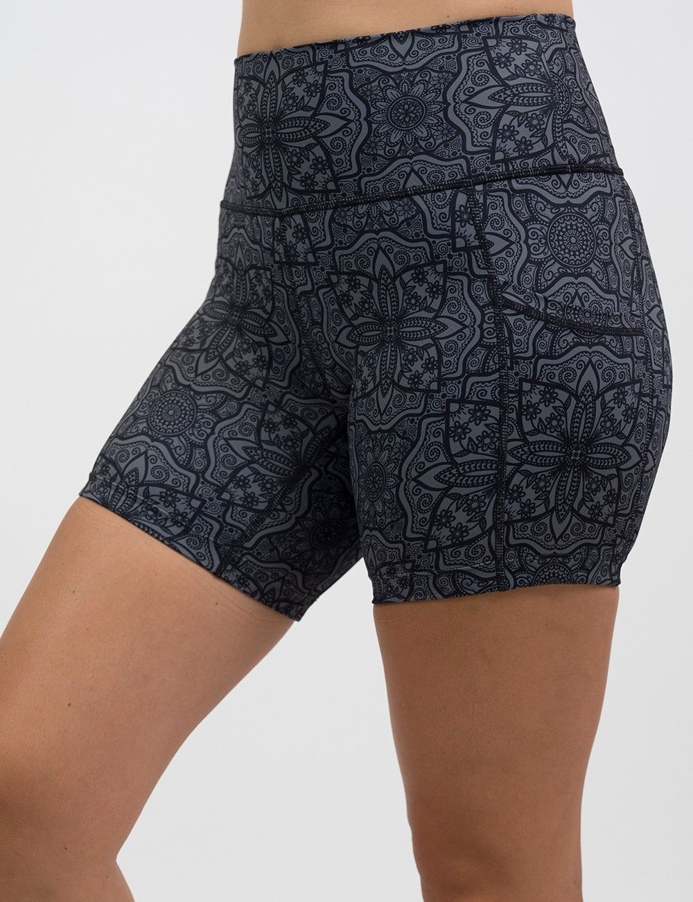 front of the 5 inch black mandala pattern shorts against a white background