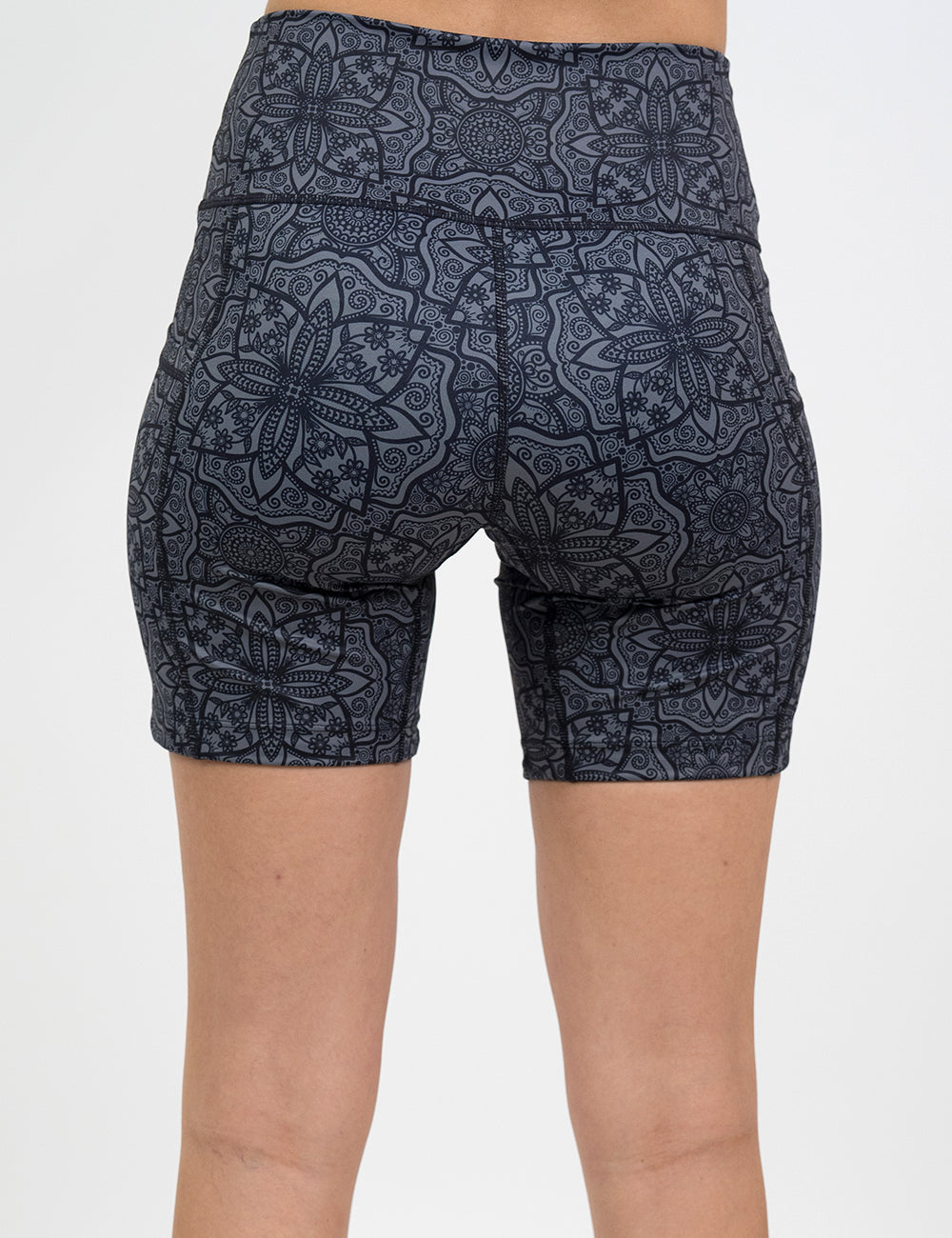 back of the black mandala pattern 7 inch shorts against a white background