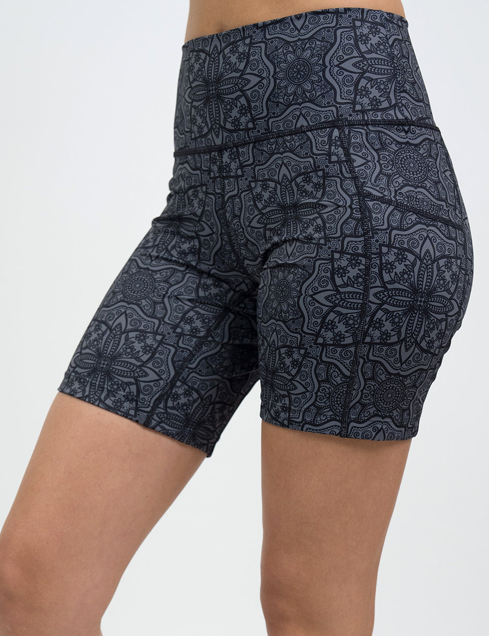 front of the 7 inch black mandala pattern shorts against a white background