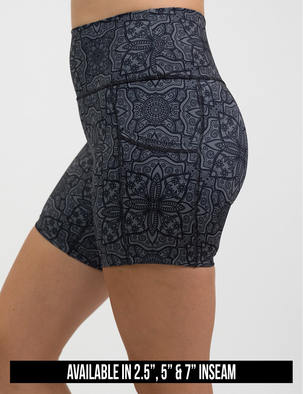 available lengths for the black mandala pattern shorts. Inseam lengths include 2.5, 5, and 7 inches