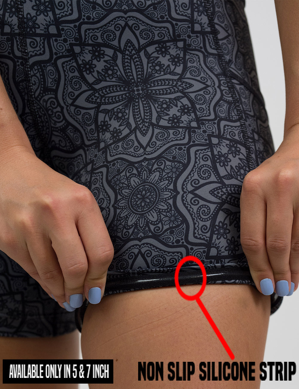 close up of the non slip silicone strip found in the 5 and 7 inch black mandala pattern shorts