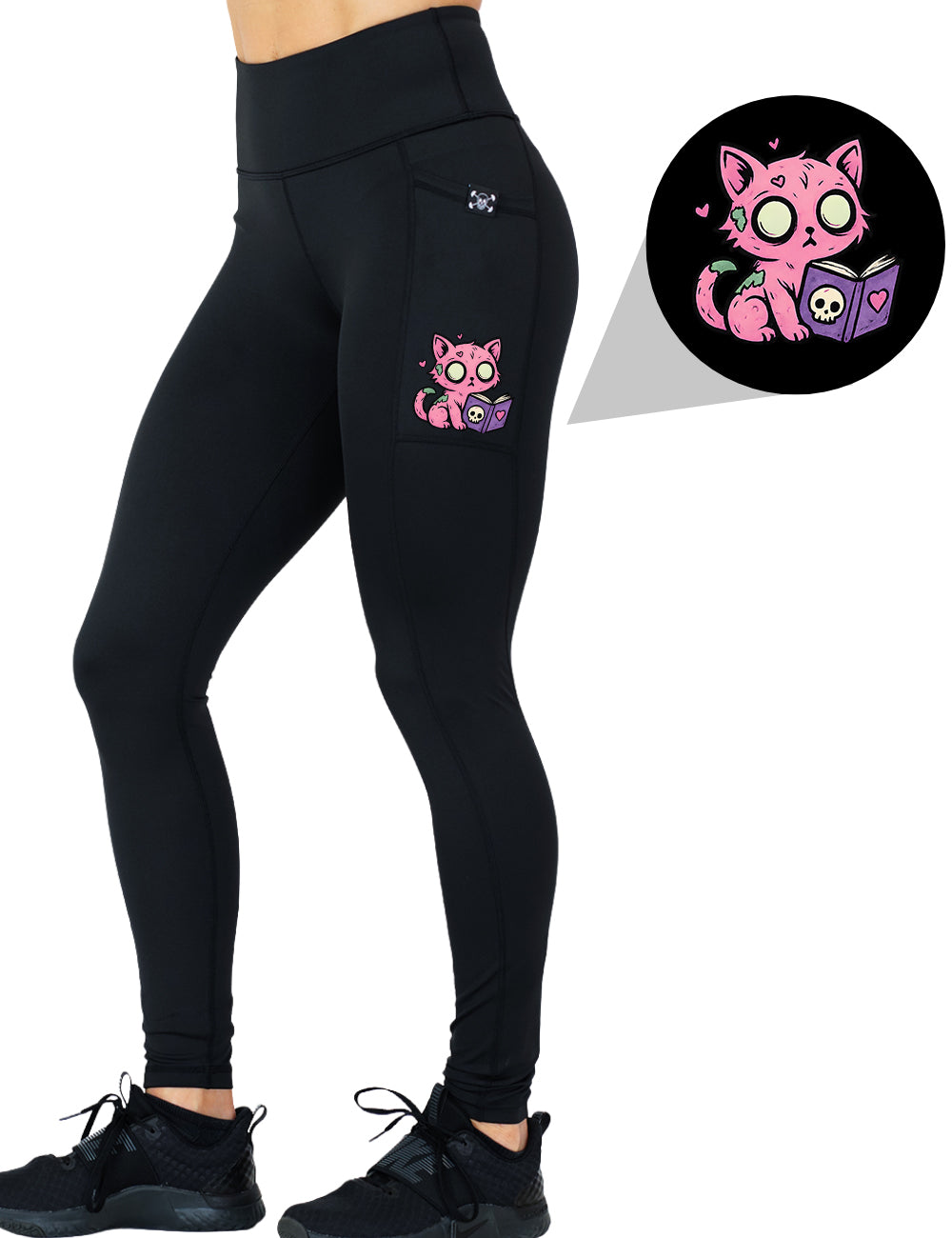 front of the pink zombie cat with a book graphic full length leggings