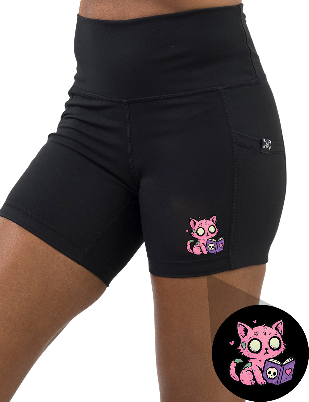 front of the pink zombie cat reading a book graphic 5 inch shorts