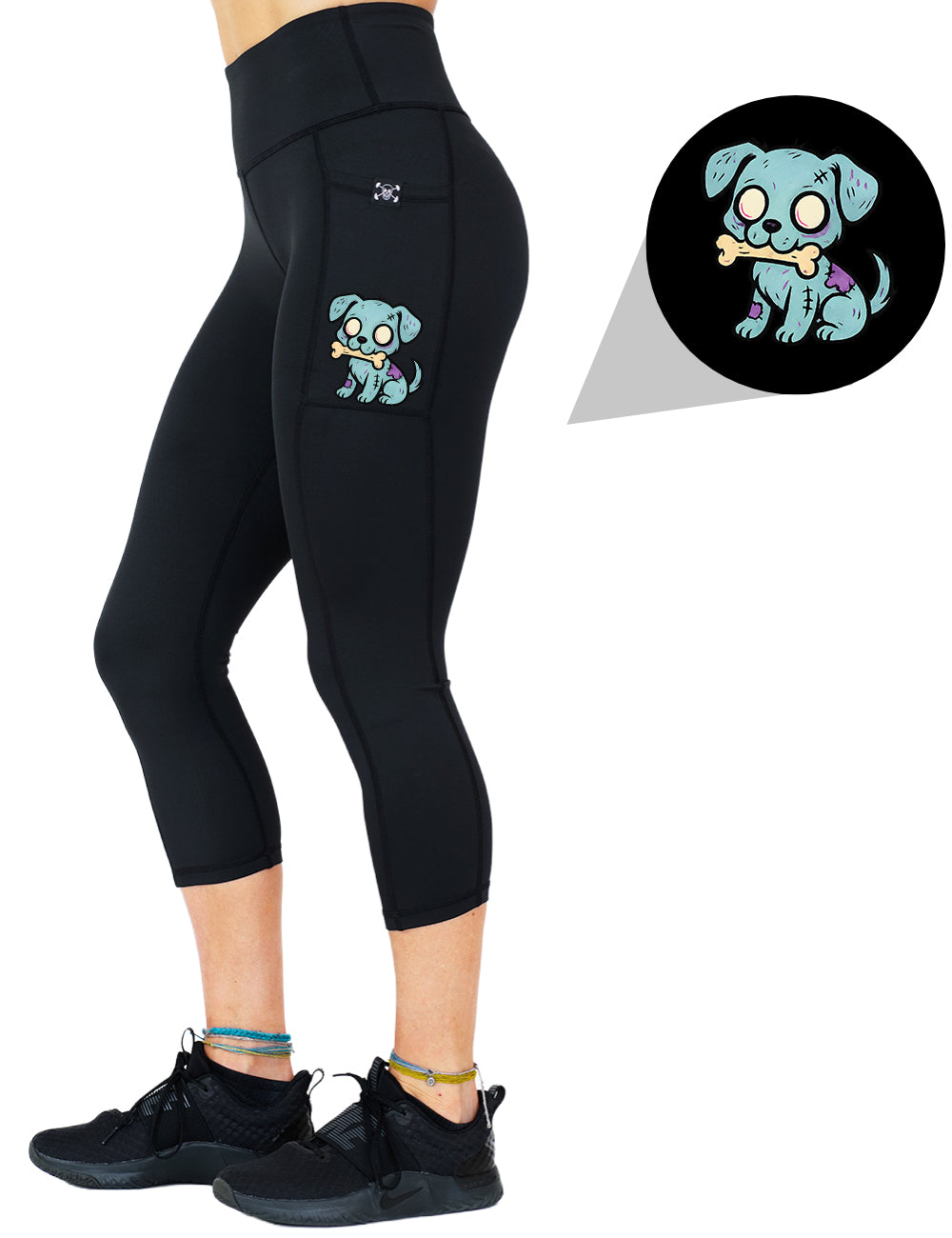 front of the zombie dog with a bone graphic capri leggings