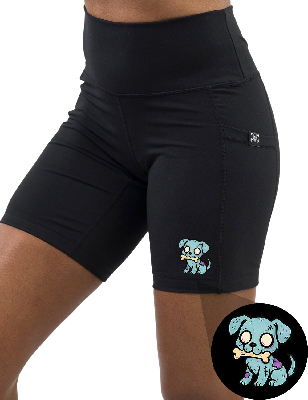 front of the blue zombie dog with a bone in its mouth graphic 7 inch shorts