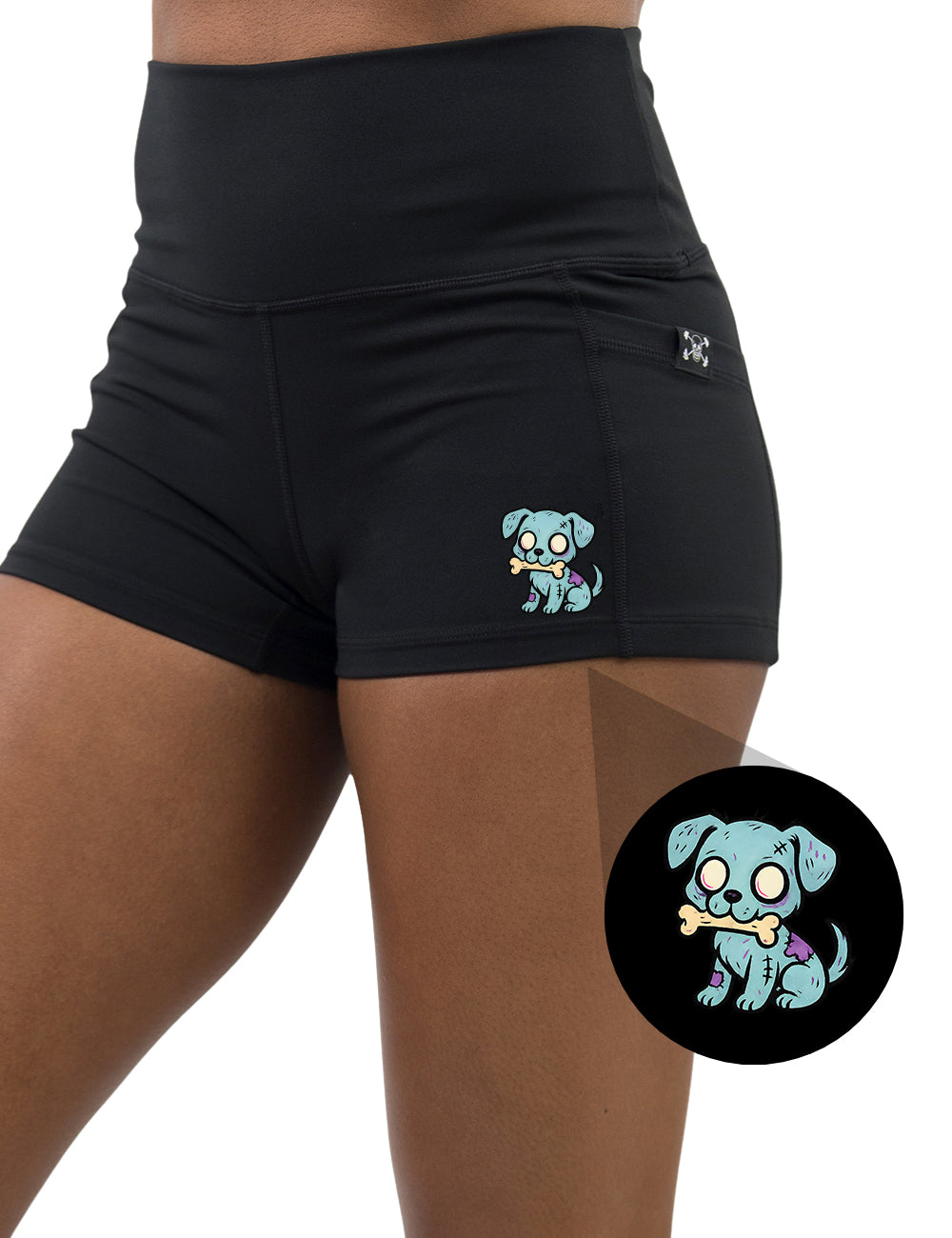 front of the blue zombie dog with a bone in its mouth graphic 2.5 inch shorts