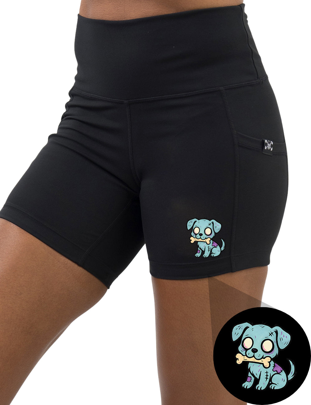 front of the blue zombie dog with a bone in its mouth graphic 5 inch shorts