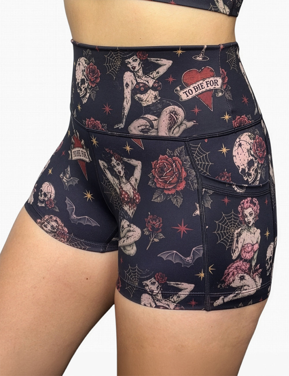 front of the 2.5 inch zombie girls with pin up hair and traditional tattoo designs shorts against a white background