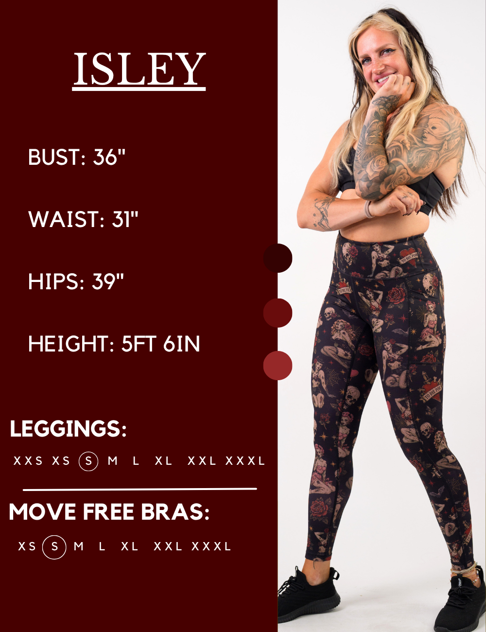 Model’s measurements of 36” bust, 31” waist, 39” hips and height of 5 ft 6 inches. She is wearing a size small in our leggings