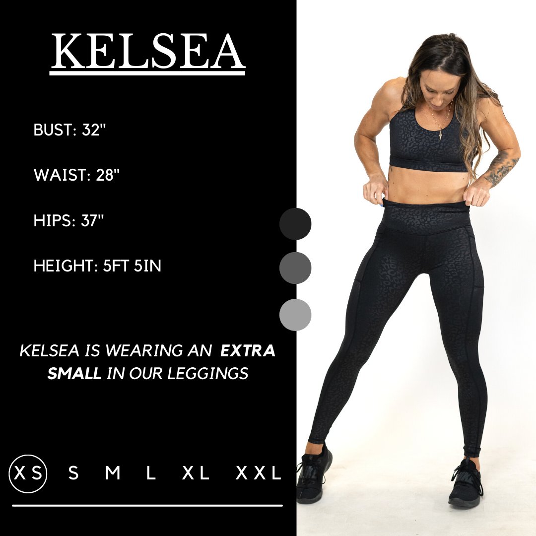Graphic of an athletes measurements. Kelsea has a bust of 32", waist of 28", hips of 37", and is 5ft 5inches. She wears an XS in our leggings.