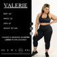 Graphic of an athletes measurements. Val has a bust of 44", waist of 36", hips of 52", and is 5ft 4inches. She wears an XL  in our leggings.