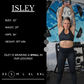 Graphic of an athletes measurements. Isley has a bust of 32", waist of 29", hips of 36", and is 5ft 6inches. She wears a S in our leggings.
