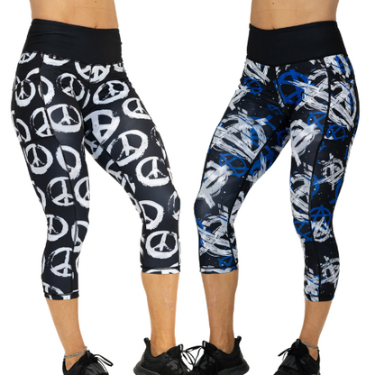 2 in 1 reversible peace sign and anarchy patterned capri leggings