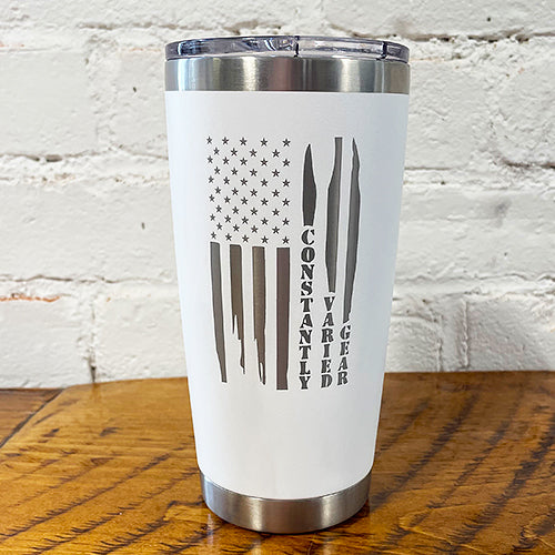 20oz white tumbler with cvg distressed flag design