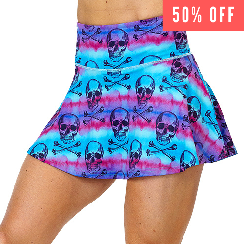 50% off of 3.75 inch blue, pink and purple water color and skull patterned skirt