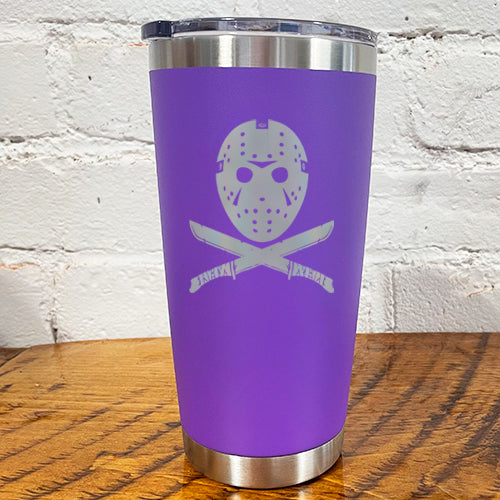 20oz purple tumbler with silver slasher face and criss cross knives below it