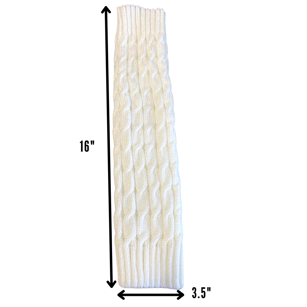 Photo of the length and width of the white leg warmers. The length is 16 inches and the width is 3.5 inches.